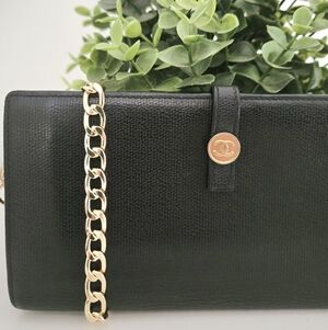 Authentic CHANEL CC Coco Black Gold Flap Wallet Clutch Crossbody WOC Card Holder